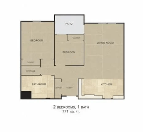 Floor plan for 2 beds, 2 baths, 771 sqft